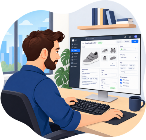 Një punonjës përditëson një produkt në faqen ecommerce të biznesit
