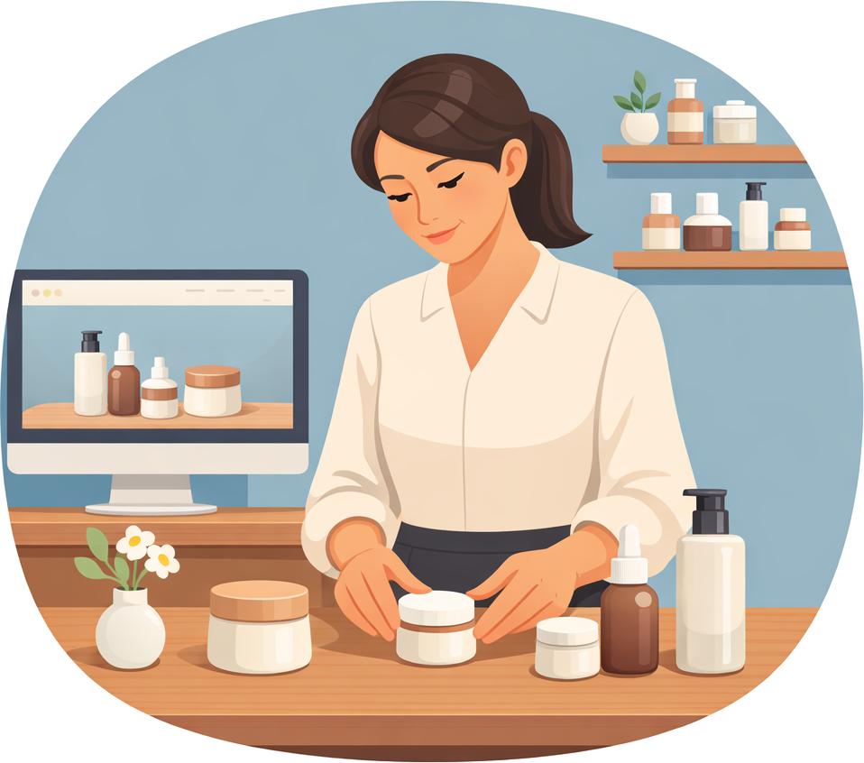 Pronarja e biznesit rregullon produkte kozmetike mbi banak, të cilat shfaqen edhe në faqen e internetit në sfond