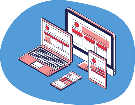 Një faqe interneti responsive, siç shfaqet në telefon, tablet, laptop dhe desktop
